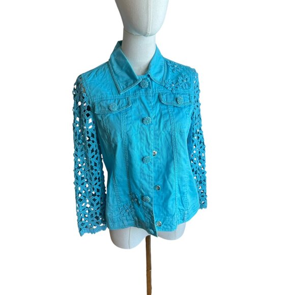 Just B Turquoise Eyelet Embroidered Jacket Size S | Floral Lace Sleeves & Beaded - Picture 4 of 10
